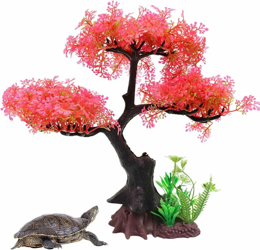 Reptiles & Amphibian Oooct | Oooct Aquarium Plants Decoration, Plastic Pink Cherry Blossom Tree & Grass Ornament, Tank Or Aquarium Decorations, Suitable For Reptile Hermit Crab Lizard Betta Fish Newt