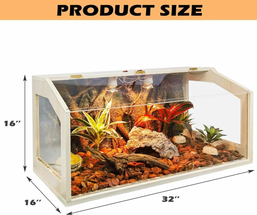 Reptiles & Amphibian PROLEE | Prolee 28 Gallon Reptile Terrarium Tank Large 32\" X 16\" X 16\",Newest Upgraded Bearded Dragon Tank With Roof Door, Snake Tank With Built-In Lamp Fixture And Switch, Side Windows, 32 Inch