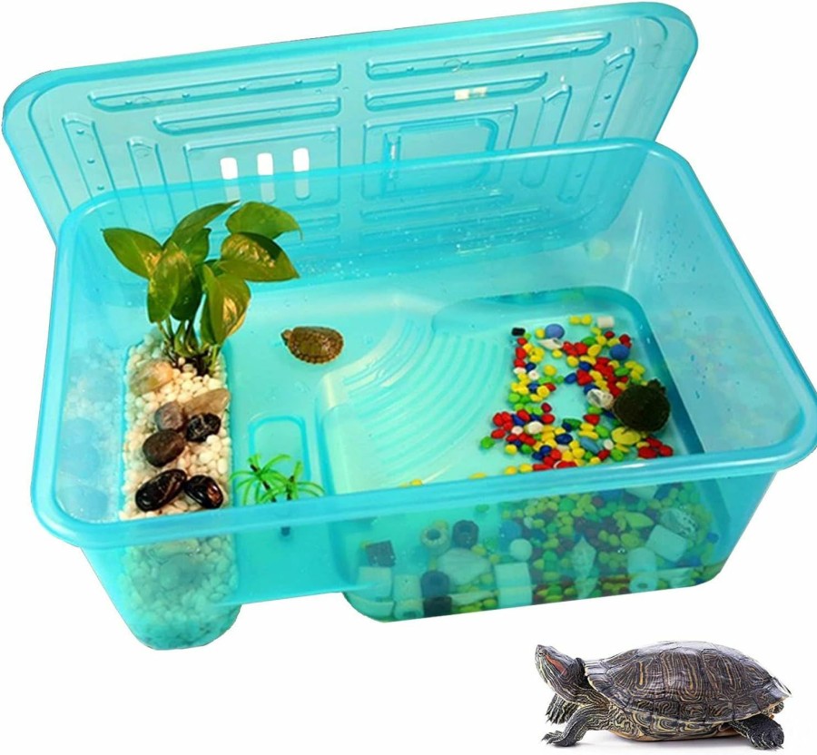 Reptiles & Amphibian kathson | Kathson Turtle Tank Aquarium, Turtle Habitat Reptile Plastic Terrarium Safe Durable, Turtle Tank With Lid Prevent Tortoise From Climbing Escaping (Medium)