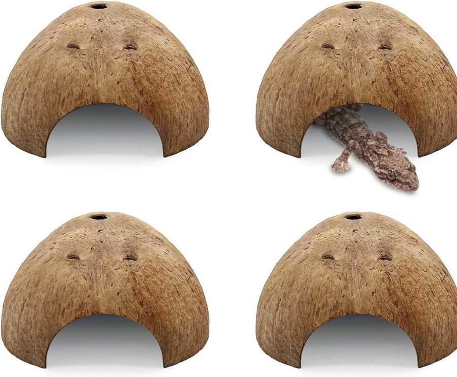 Reptiles & Amphibian PINVNBY | Pinvnby Natural Coconut Reptile Hideouts Lizard Coco Hut Hermit Crab Hut Aquarium Fish Hide Cave Spider Snail Climber Toys (4 Packs)