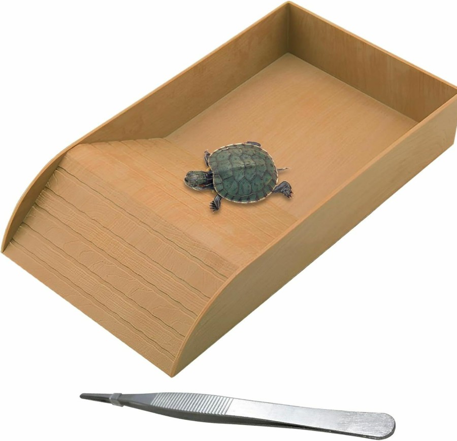 Reptiles & Amphibian kathson | Kathson Reptile Tortoise Turtle Feeding Dish With Ramp And Basking Platform Plastic Turtle Food And Water Bowl Also Fit For Bath Horned Frogs Lizards Amphibians (Brown, Emulational Wood)