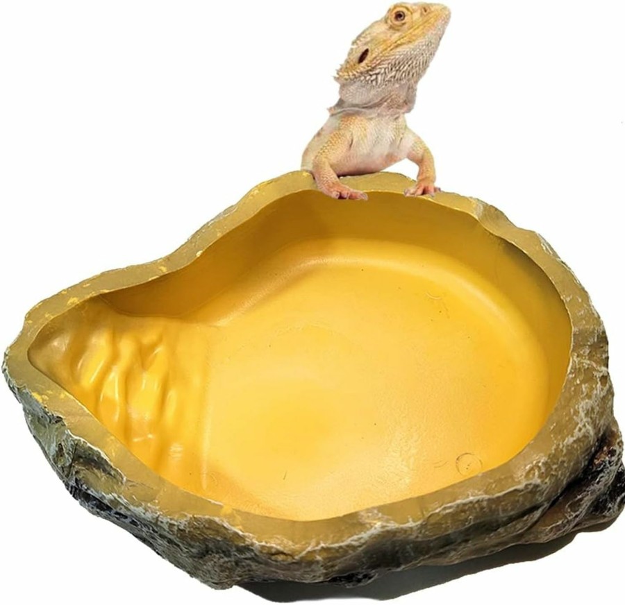 Reptiles & Amphibian RunXF | Runxf Extra Large Reptile Food Water Bowls With Ramp Rock Dish Bearded Dragon Iguana Tortoise Snakes Water Dish Pets Bathing Dish,10.6 X 7.8 X 2.4 Inch (Extra Large)