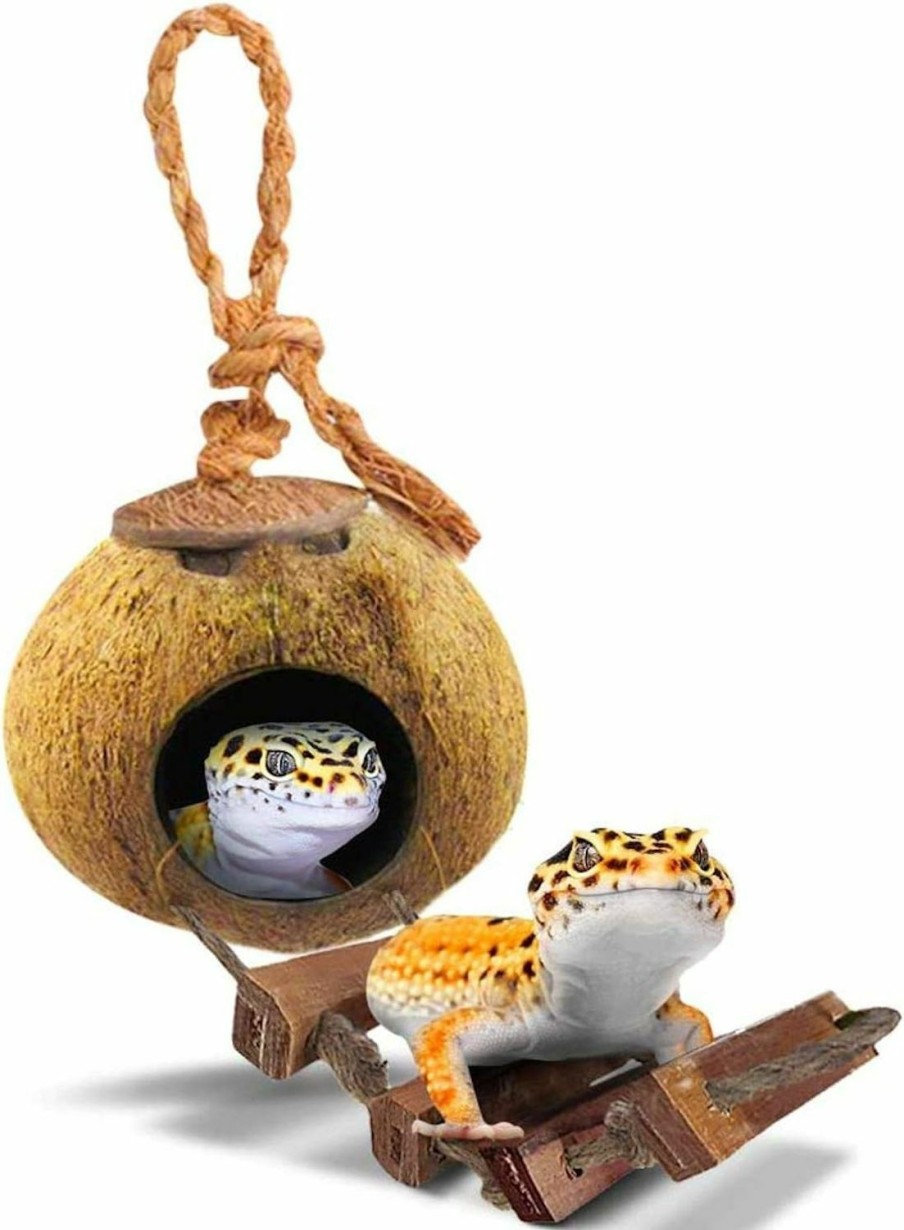 Reptiles & Amphibian SunGrow | Sungrow Leopard Gecko Coconut Husk Hut With Ladder, With Shell Opening, Cave Habitat With Hanging Loop, 1 Pc Per Pack