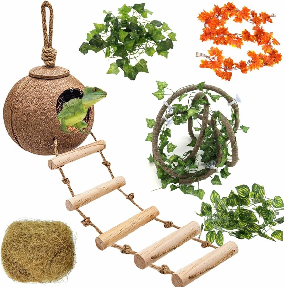 Reptiles & Amphibian HERCOCCI | Hercocci Leopard Gecko Tank Accessories, Coconut Shell Ladder Hideout Hole Reptile Climbing Vine Habitat Decor With 3 Pieces Colorful Plastic Plants For Chameleon Lizard Snake Hermit Crab