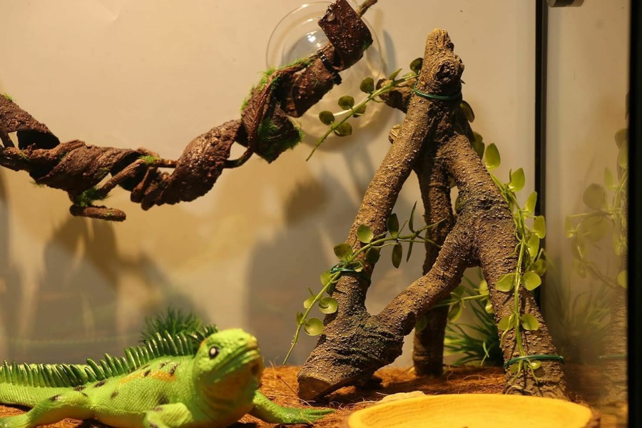 Reptiles & Amphibian AQUA KT | Aqua Kt Reptile Corner Branch With Green Leaves Terrarium Desert Habitat Decoration For Lizard Snake Bearded Dragon Chameleon Hermit Crab Leopard Gecko Amphibian Climbing