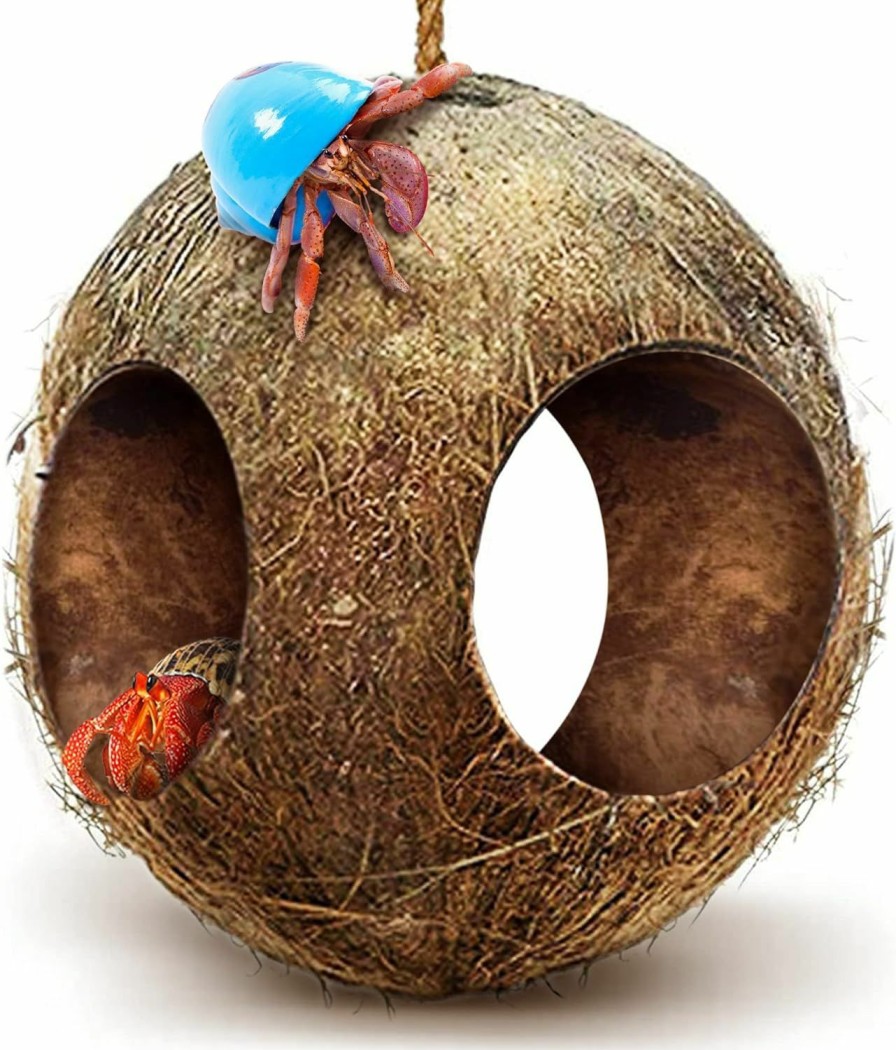 Reptiles & Amphibian SunGrow | Sungrow Hermit Crab Hut Cozy Crabitat Coconut Shell With Hanging Loop And Climbing Accessory