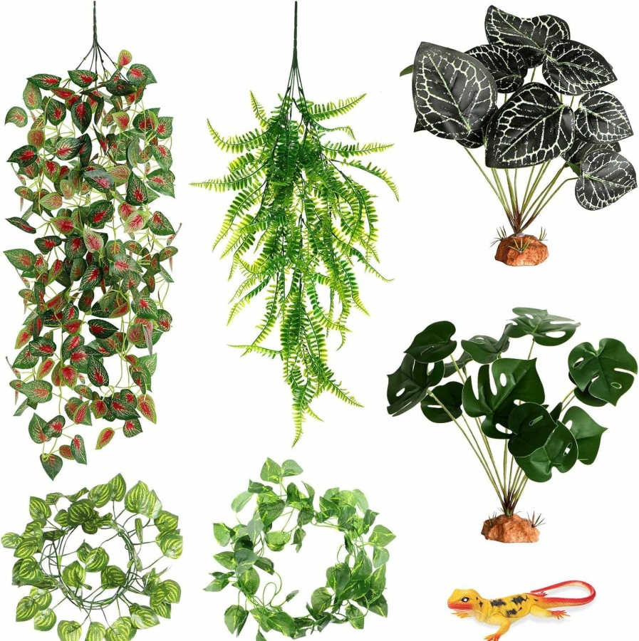 Reptiles & Amphibian Luinabio | Luinabio 6 Pcs Reptile Plants For Terrarium Decor Reptile Tank Accessories Fake Hanging Plant Vines Artificial Leaves Plants Tank Habitat Decor For Bearded Dragon Lizard Snake Geckos Chameleon