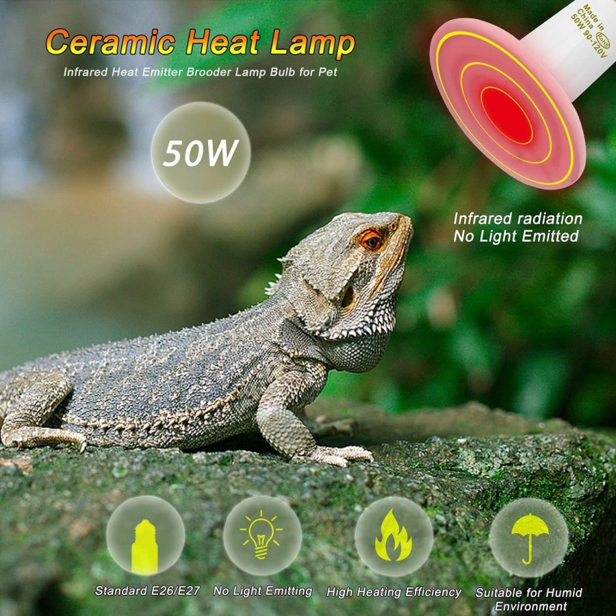 Reptiles & Amphibian FIVEAGE | Fiveage 50W Ceramic Heat Lamp Bulb, Infrared Reptile Heat Emitter, Reptile Heat Bulbs, Pet Brooder Coop No Light No Harm For Snake Bearded Dragon Turtle-2 Pack