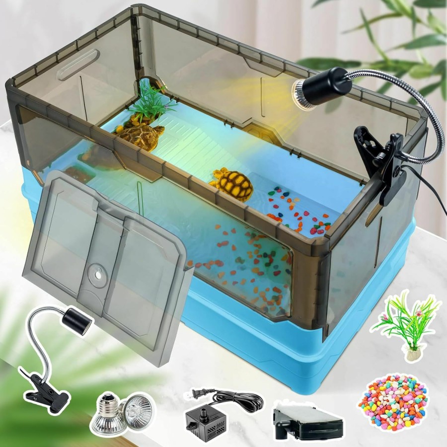 Reptiles & Amphibian Wedoelsim | Wedoelsim Turtle Tank Kit With Filter+Water Pump+Heat Lamp, Wheels, Easy To Move, Imitate The Natural Flows, Suitable For Small Turtle Horned Frog Hermit (L, Blue)