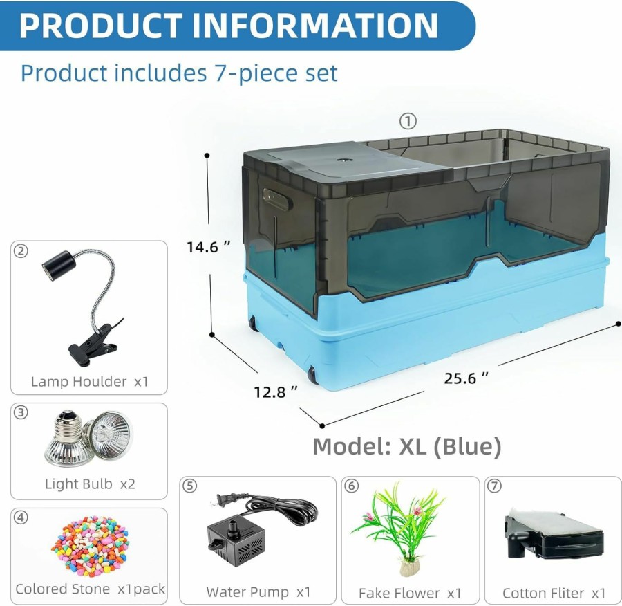 Reptiles & Amphibian Wedoelsim | Wedoelsim Turtle Tank Kit With Filter+Water Pump+Heat Lamp, Wheels, Easy To Move, Imitate The Natural Flows, Suitable For Small Turtle Horned Frog Hermit (L, Blue)