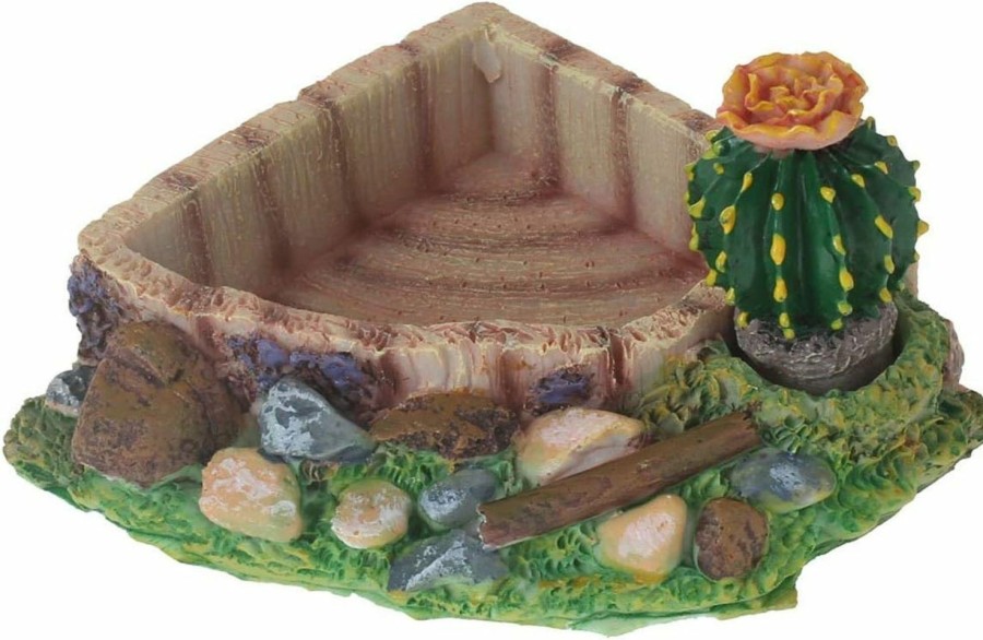 Reptiles & Amphibian emours | Emours Reptile Amphibian Tortoise Lizard Frog Water Dish Food Feeder Cactus Corner Bowl With Ramp Small