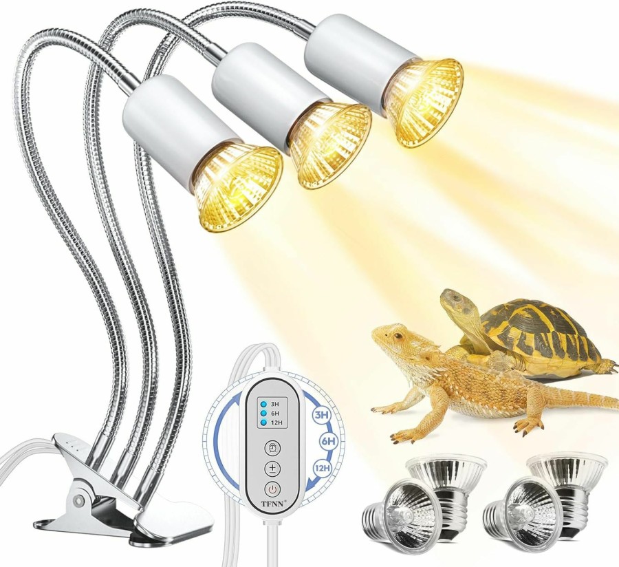 Reptiles & Amphibian TFNN | Tfnn 2023 Upgrade Reptile Heat Lamp, Three Head Reptile Light With Cycle Timer,Uva Uvb Light, Dimmable Basking Lamp For Tortoise, Bearded Dragon, Lizard, Snake, E26/27 Base With 4 Bulbs (50W)-Black