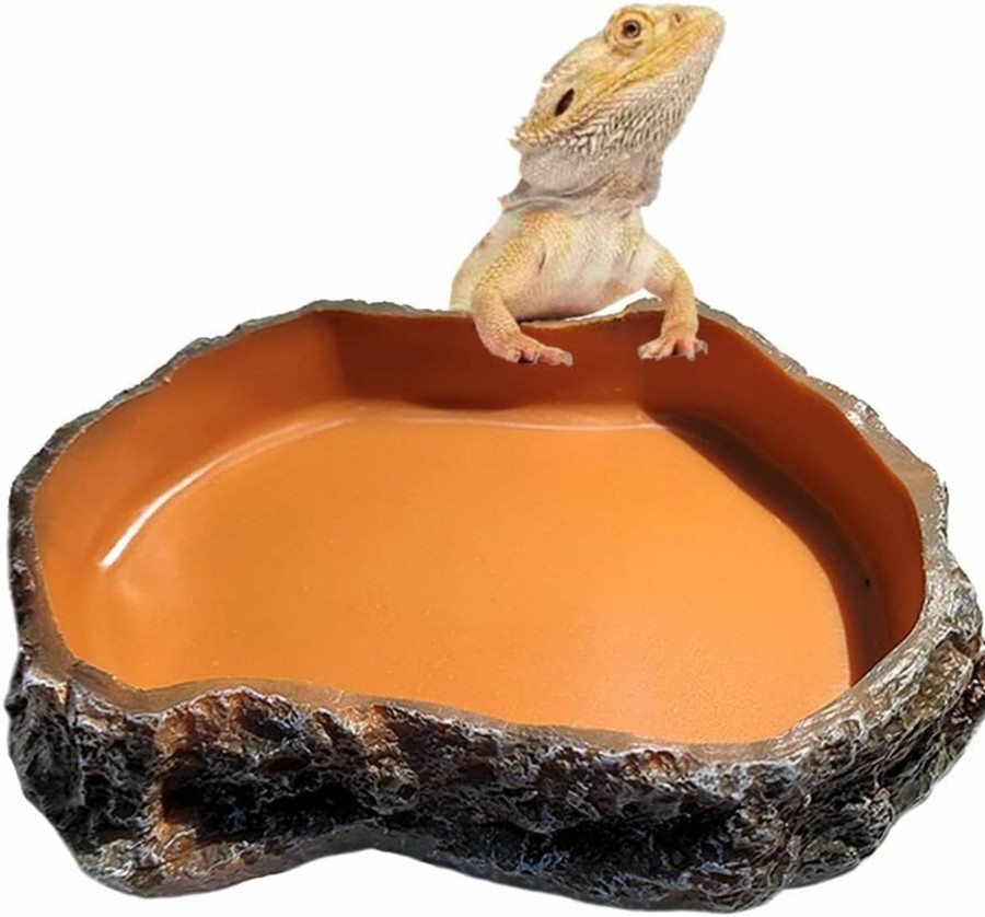 Reptiles & Amphibian RunXF | Runxf Simulation Rock Reptile Feeding Bowls Resin Feeder Lizard Toad Tortoise Hedgehog Habitat Accessories Terrarium Tank Ornament Water Food Dish, 7.5 X 5 X 1.6Inches(Large), Brown, Medium