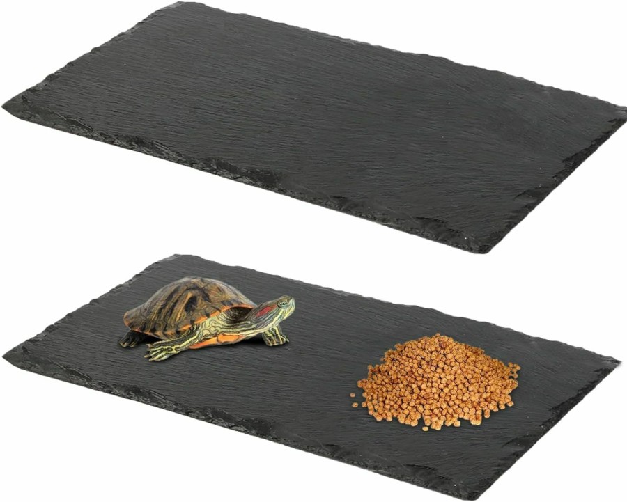 Reptiles & Amphibian VCEPJH | Vcepjh Reptile Basking Platform 2 Pcs Tortoise Rock Plate Natural Turtle Food Bowl Dish 11.81 X 7.87 Inch Feeding Slate Rock For Lizard Tortoise Bearded Dragon Chameleon Gecko Frog Snake