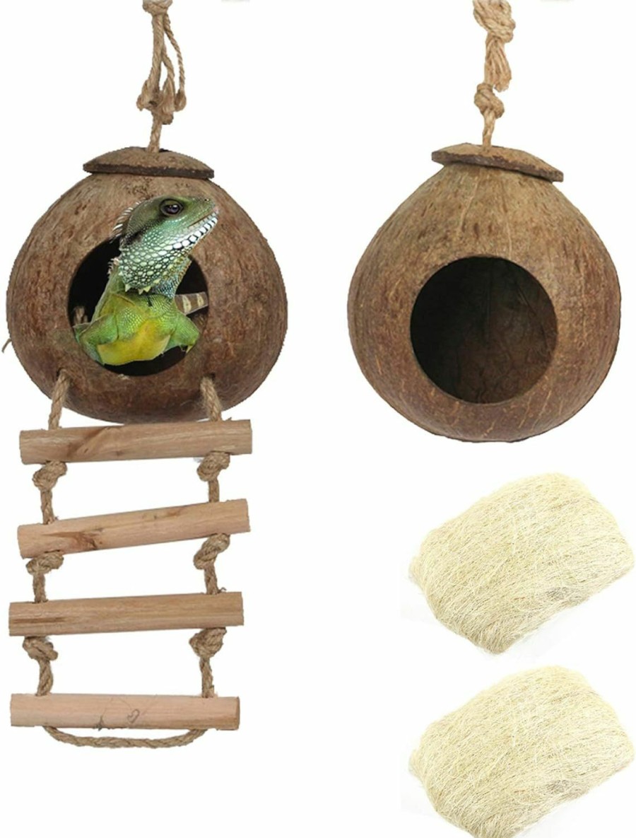 Reptiles & Amphibian Hamiledyi | Hamiledyi Gecko Coco Den 2 Pcs, Natural Reptile Hideouts Mini Condo For Lizards, Coconut Texture Provide Food For Pets, Raw Coconut Husk Hide With Ladder, Durable Cave Habitat With Hanging Loop