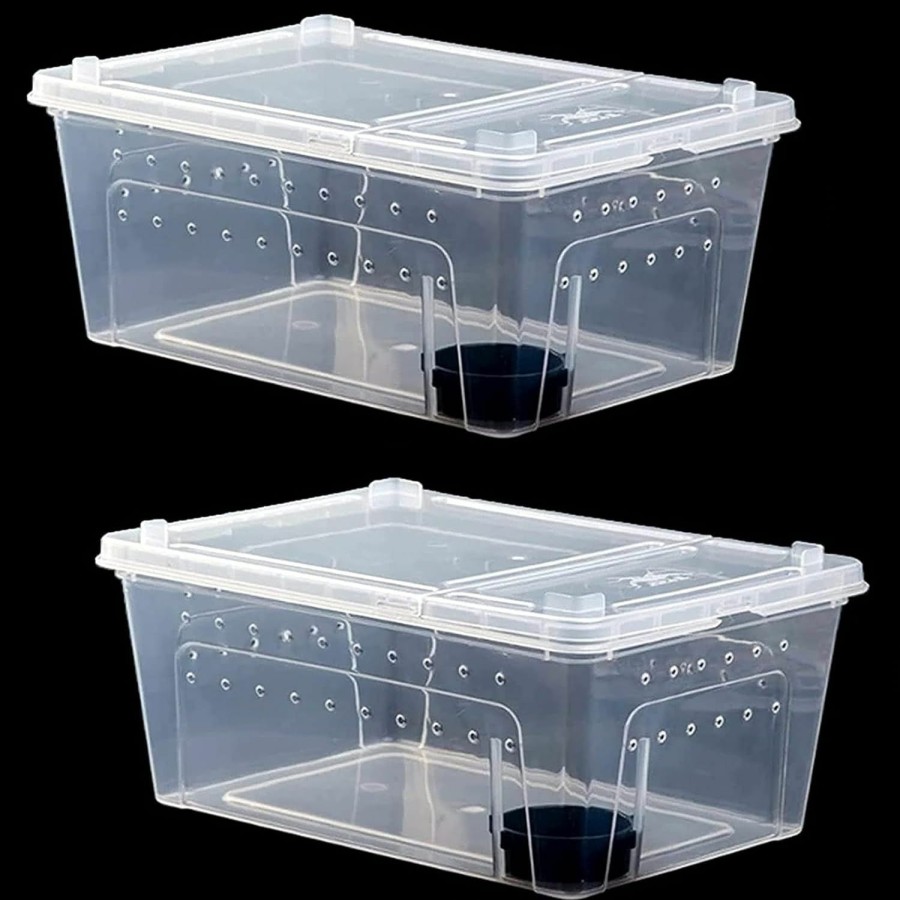 Reptiles & Amphibian kathson | Kathson 2Pcs Reptile Feeding Box Portable Small Snake Terrarium Habitat Mini Pet Breeding Cage Hatching Container Transparent Gecko Houses For Small Frog Tarantula Spider Scorpion (White)