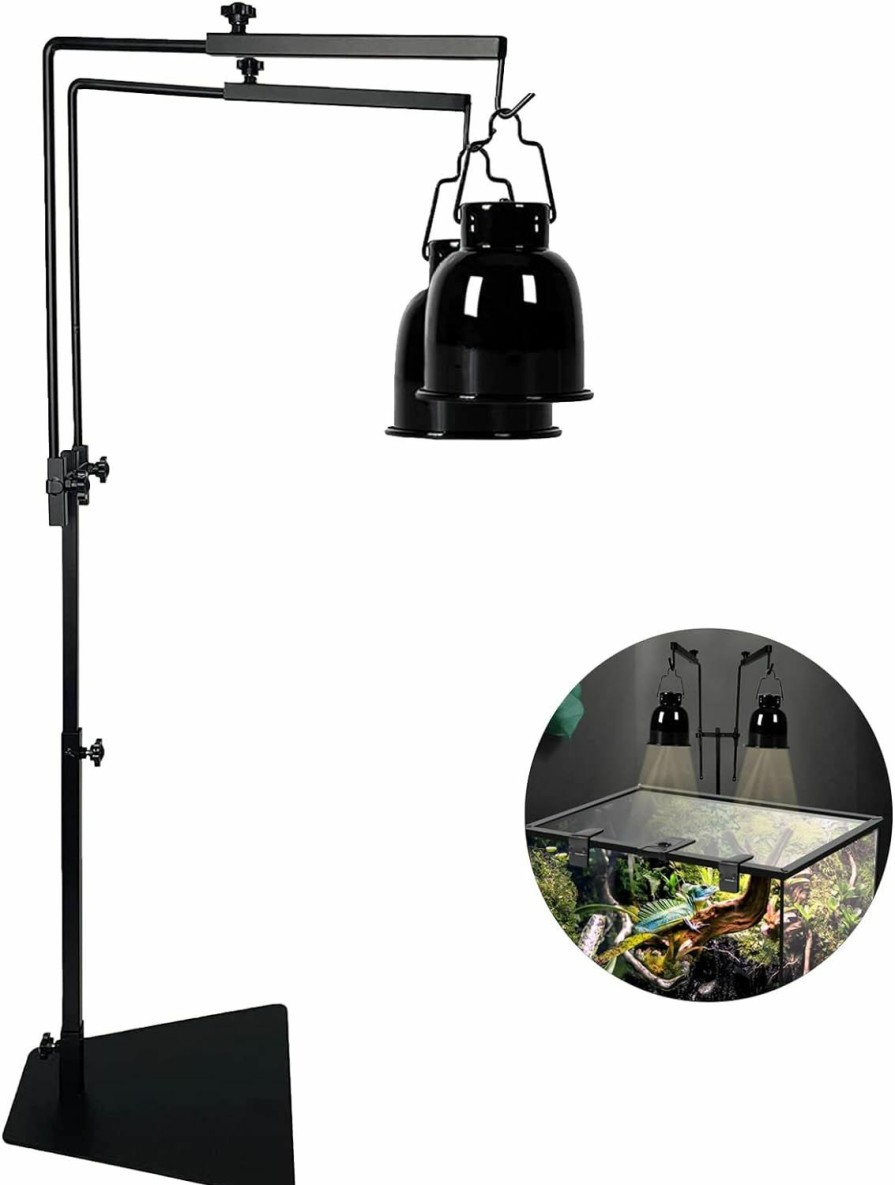 Reptiles & Amphibian kathson | Kathson 2 Hooks Reptile Dual Lamp Stand Adjustable 15 To 36.2\" Reptile Basking Black Metal Lamp Holder Bracket Heat Light Hanger Holder Floor Light Support For Snake Lizard Turtle Amphibian