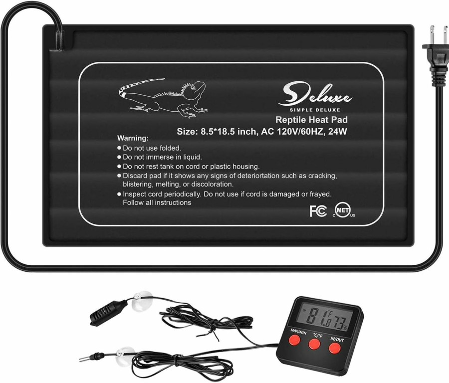 Reptiles & Amphibian Simple Deluxe | Simple Deluxe 8.5 X 18.5 Inch 24W Reptile Heating Pad With 2-Probe Digital Thermometer And Hygrometer Under Tank Heater Terrarium Warmer Heat Mat For Amphibians And Reptiles Pet, Black