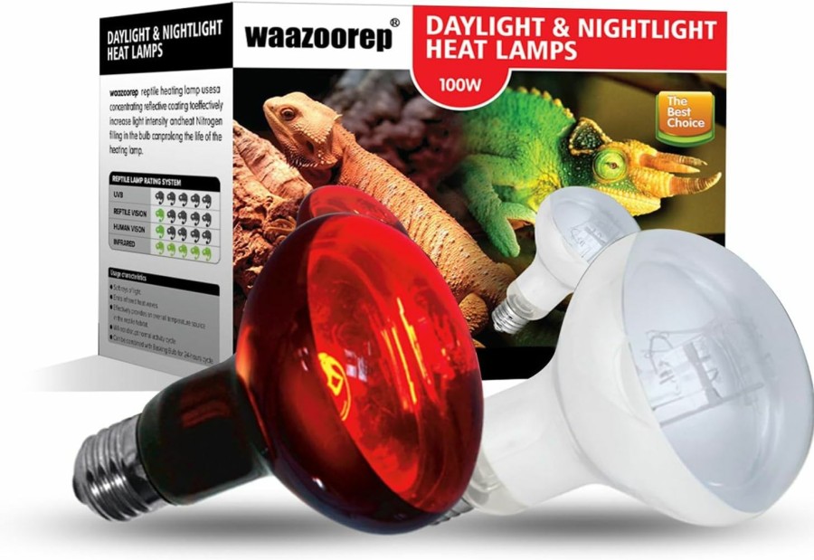 Reptiles & Amphibian waazoorep | Waazoorep Reptile Heat Lamp Bulbs 100W 2 Pack,Reptile Day And Night Infrared Basking Spot Heating Light Combo,Uva Heat Lamp Bulb For Reptile And Amphibians,Bearded Dragon, Lizard, Turtle, Chicken