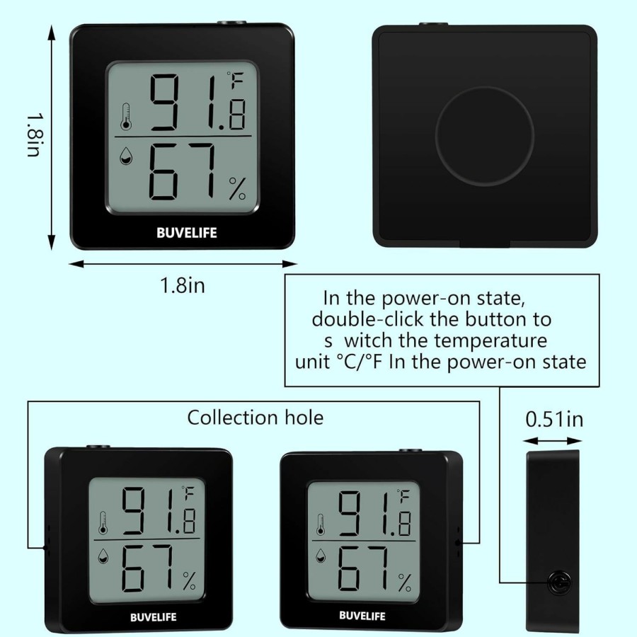 Reptiles & Amphibian Buvelife | Buvelife Reptile Terrarium Mini Thermometer Hygrometer Digital Display Pet Rearing Box Reptiles Tank Thermometer Hygrometer With Double Sided Tape (Black)