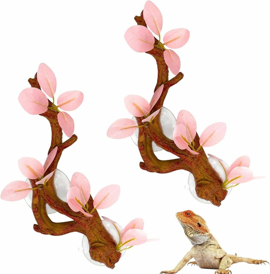 Reptiles & Amphibian kathson | Kathson 2 Pcs Reptile Corner Branch, Lizard Climb Branches Decor Terrarium Plant Decoration With Suction Cup Reptile Tank Plant Ornament For Bearded Dragons Gecko Snake Spider Frog (Pink)