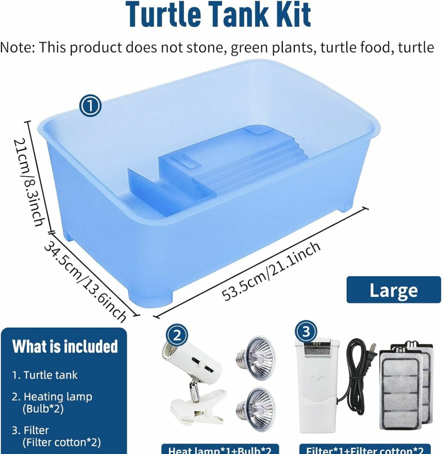 Reptiles & Amphibian Bluecoco | Bluecoco 21.1\" X 13.6\" X 8.3\" Big Turtle Tank Kit: Complete Habitat With Filter, Heat Lamp, Platform, Uv Basking Light, Water Pump, Suitable For Turtles, Frogs, Hermit Crabs