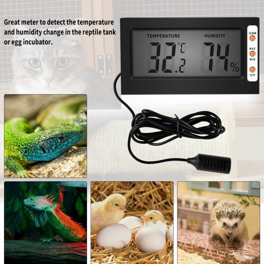 Reptiles & Amphibian Simple Deluxe | Simple Deluxe Digital Thermometer And Hygrometer With Humidity Probe For Reptile Tank/Egg Incubator Easy To Read, Thermo&Hygro Meter, Black