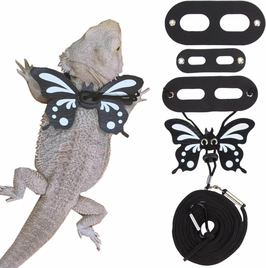 Reptiles & Amphibian ADOGGYGO | Bearded Dragon Lizard Leash Harness - Adjustable Stylish Butterfly Wing Lizard Reptile Harness Leash For Bearded Dragon Lizard Reptiles (Black Butterfly)