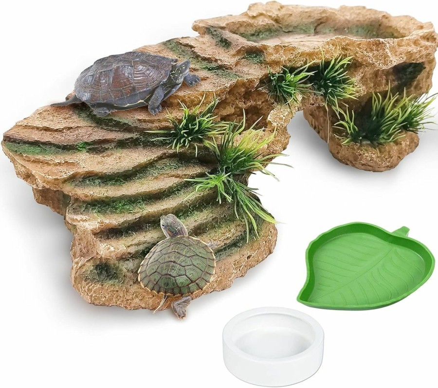 Reptiles & Amphibian Hamiledyi | Hamiledyi Turtles Basking Platform 3Pcs Resin Bearded Dragons Climbing Step Ramp Tortoise Resting Dock Rock Hideout With Feeder Bowls For Reptile Lizards Chameleons Geckos Frogs Newts Snakes