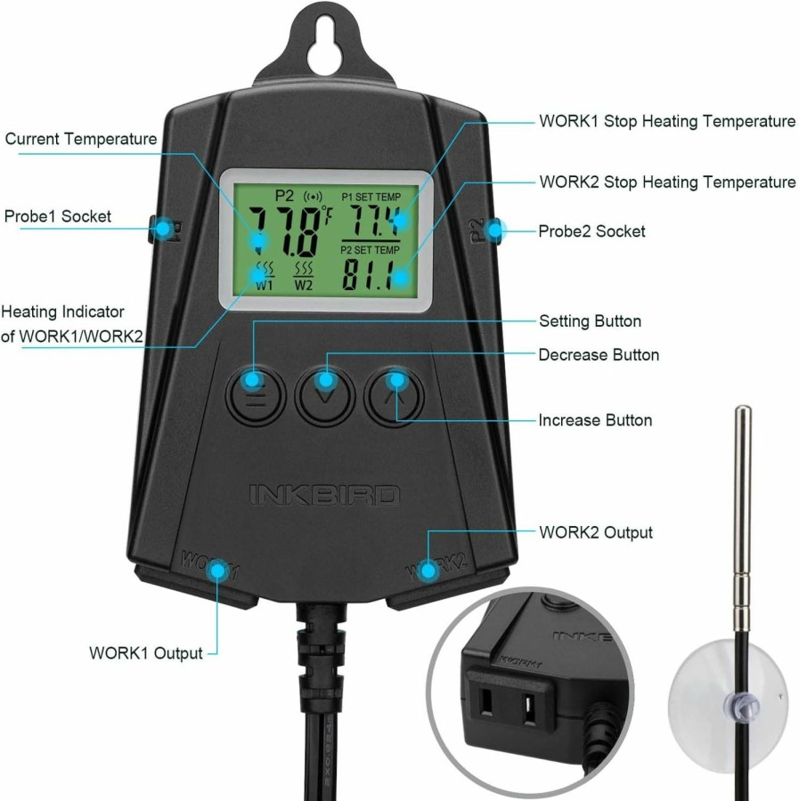 Reptiles & Amphibian Inkbird | Inkbird Wifi Heat Mat Reptile Thermostat Controller Temperature Controller With 2 Probes And 2 Outlets, Ipt-2Ch Thermostat (Max 250W Per Outlet).