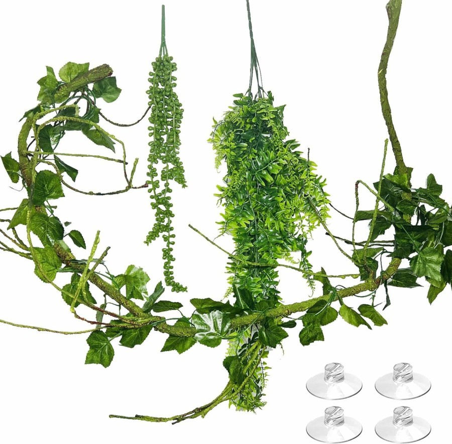 Reptiles & Amphibian Allazone | Allazone Bearded Dragon Tank Accessories, 4 Pcs Reptile Plants Hanging Climbing, Artificial Bendable Vines Branch With Hanging Plant For Chameleon Geckos Snake