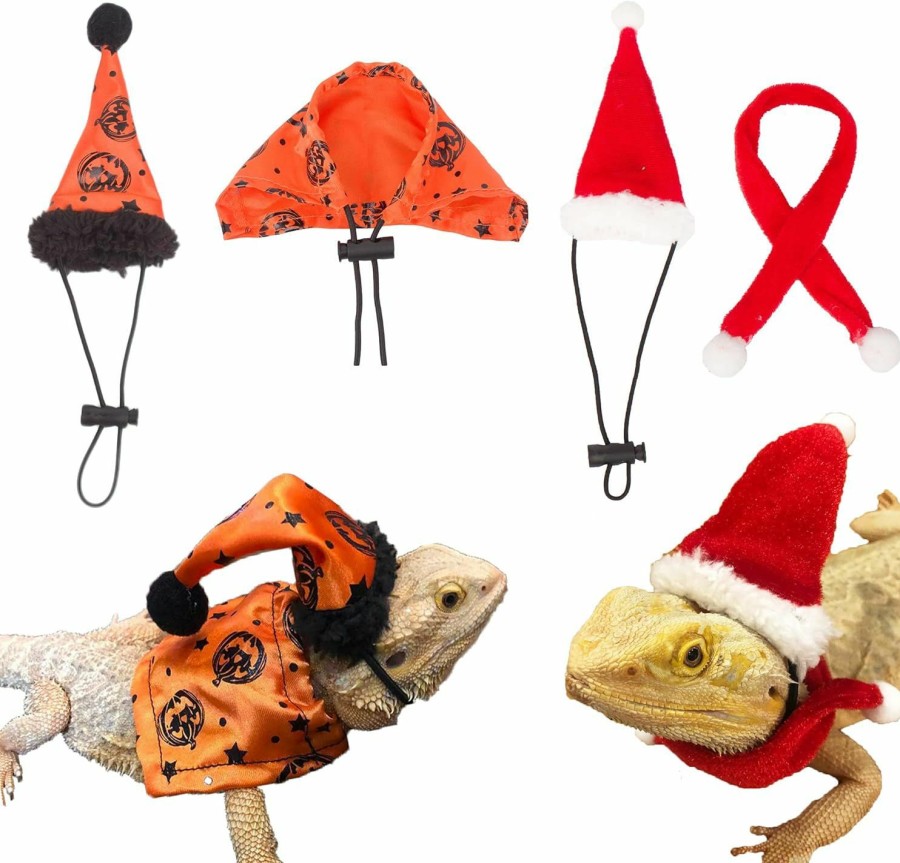 Reptiles & Amphibian ADOGGYGO | Adoggygo Bearded Dragon Halloween Hat Cloak Lizard Christmas Hat Scarf Set, Small Animal Halloween Christmas Festival Costume (Halloween & Xmas)