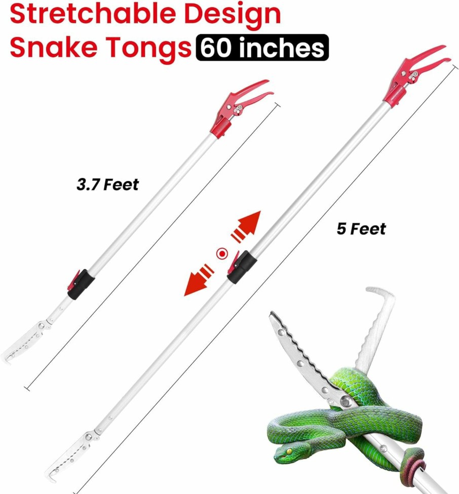 Reptiles & Amphibian ZOTO | Zoto Adjustable Snake Grabber Tool 60 Inches (3.7-5 Feet), Snake Catcher Tongs, Professional Reptile Grabber Rattle Wide Jaw Handling Tool With Lock For Rattlesnake - Aluminum Alloy