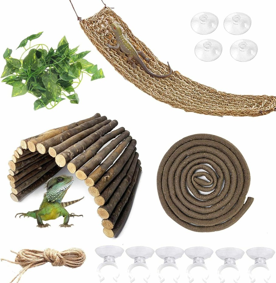 Reptiles & Amphibian kathson | Kathson Bearded Dragon Hammock Reptile Hideout Wooden Bridge Jungle Climber Vines Flexible Reptile Leaves With Suction Cups Reptile Habitat Decor For Chameleon, Lizards, Gecko, Snakes Climbing Hiding