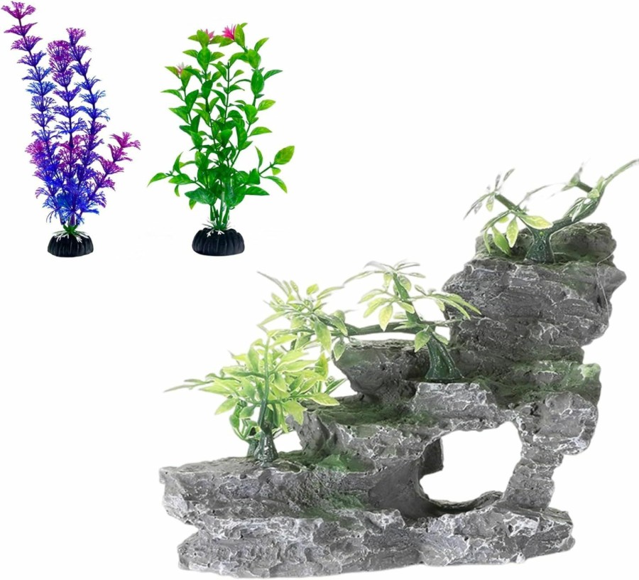 Reptiles & Amphibian AWXZOM | Awxzom Aquarium Mountain Ornament Artificial Mountain Hill View Stone Rock Cave Fish Tank Decorations Aquarium Decor Come With 2X 4Inch Aquarium Plastic Plants (Hill A)