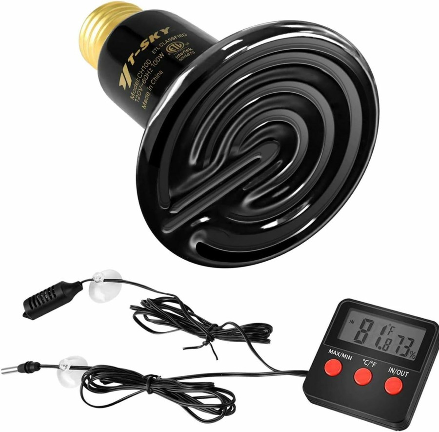 Reptiles & Amphibian Simple Deluxe | Simple Deluxe 60W Reptile Ceramic Heat Emitter Heat Lamp Bulb No Light Infrared Brooder Heater, Digital Thermometer And Hygrometer With Temp & Humidity Probe For Amphibian Tank/Egg Incubator