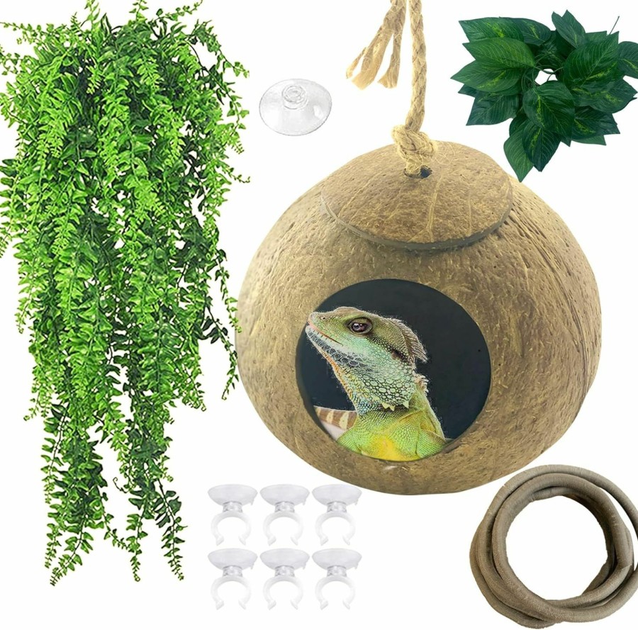 Reptiles & Amphibian MUYG | Muyg Crested Gecko Coconut Hut,Leopard Gecko Natural Coco Shell Den Reptiles Habitat Durable Hanging Cave Hideouts Plants Climbing Decoration For Amphibians And Small Animals(4 Pcs)