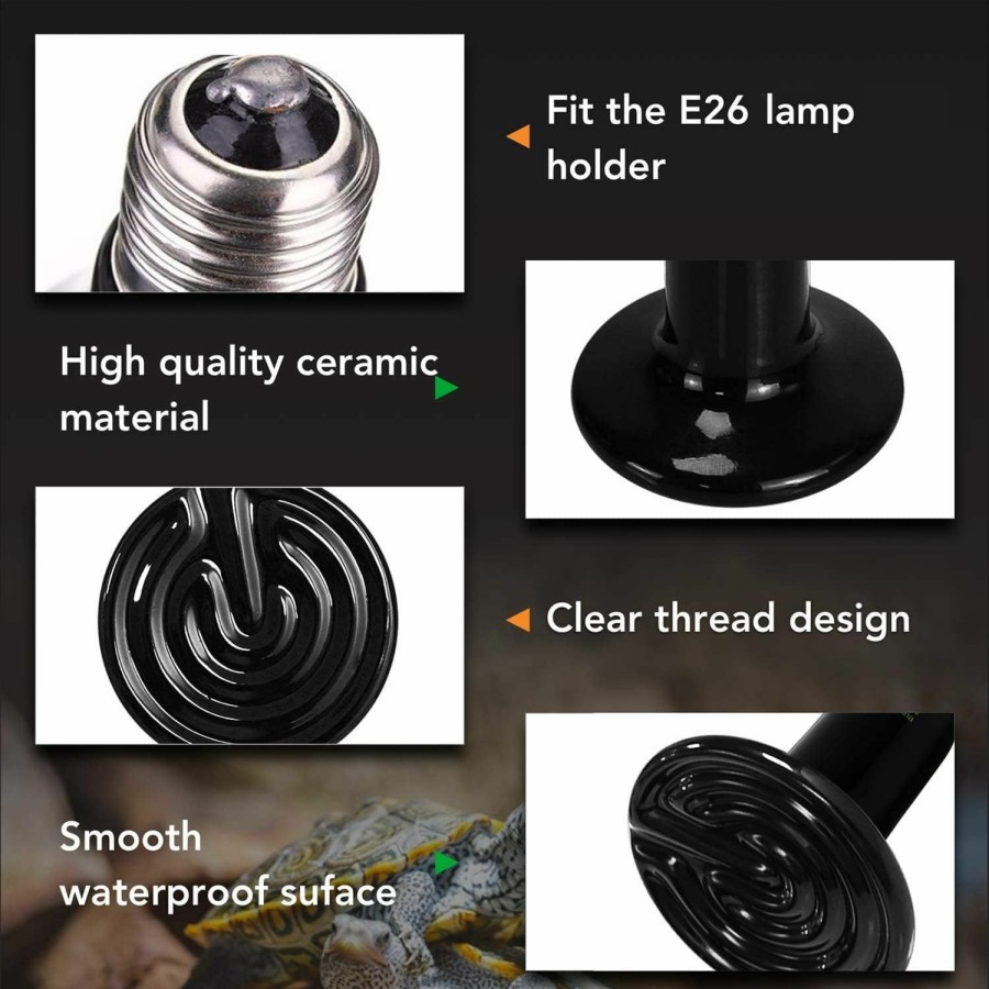 Reptiles & Amphibian Simple Deluxe | Simple Deluxe Ceramic Heat Emitter Reptile Heat Lamp With Digital-Thermometer, For Pet Brooder Coop Chicken, Dragon Turtle Lizard Snake Aquarium Tank, 150W Black