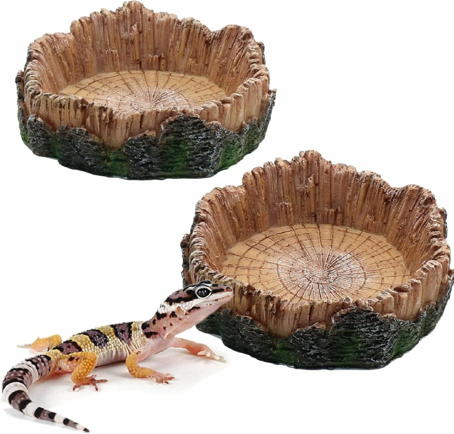 Reptiles & Amphibian relaqcc | Reptile Water Dish Food Bowls, 2 Pcs Artificial Tree Trunk Reptile Tank Decor Bowl For Leopard Gecko Lizard Spider Scorpion Hermit Crabs