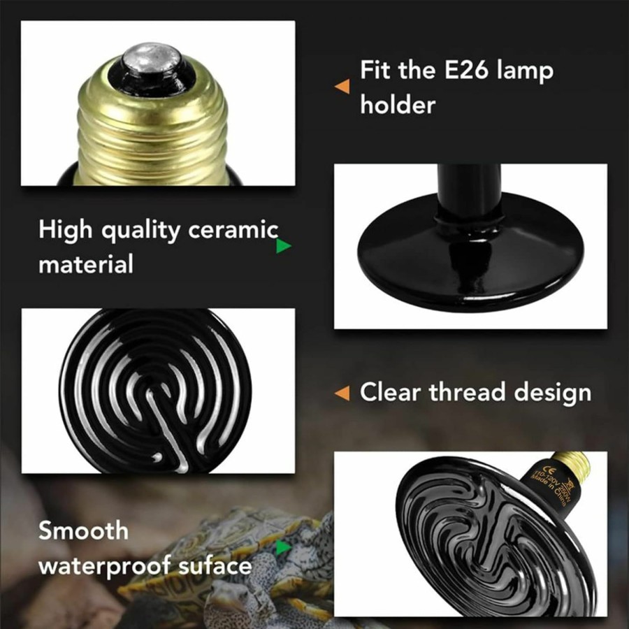 Reptiles & Amphibian Simple Deluxe | Simple Deluxe Reptile Heat Lamp Bulb Ceramic Heat Emitter 40W/60W/100W/150W/250W, No Light Emitting Brooder Coop Heater For Amphibian Pet & Incubating Chicken Black