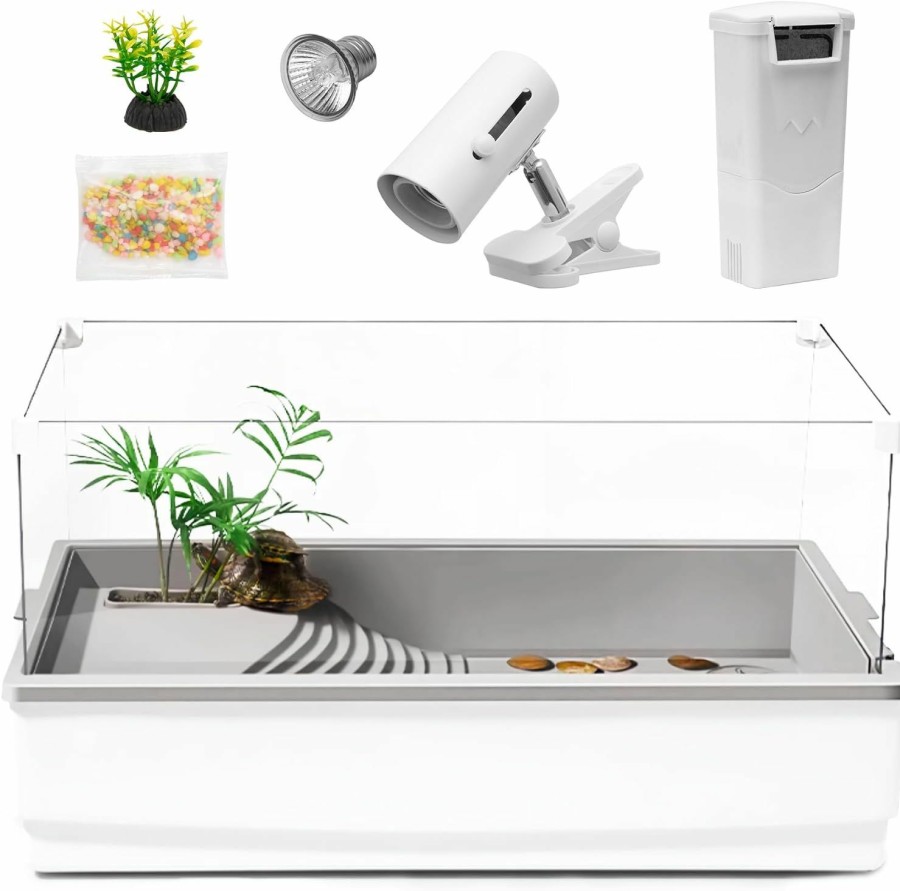 Reptiles & Amphibian Clioran | Clioran Turtle Tank Habitat Kit, Reptile Tank Aquarium, Acrylic Turtle Tank Starter Kit With Multi-Function Area, Water Filter, Uv Basking Platform Light For Turtles, Cray, Fish, Small Reptiles