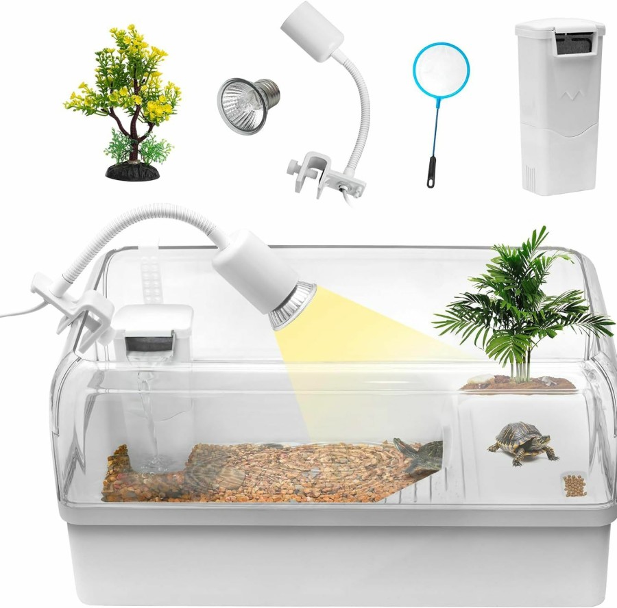 Reptiles & Amphibian Clioran | Turtle Tank Habitat Kit, Clioran Aquatic Tortoise Enclosure Starter Aquarium With Multi-Function Area, Hideout, Uv Basking Platform Light, Water Filter, Fish Net,Drainage,Plant For Turtle Reptile Crab