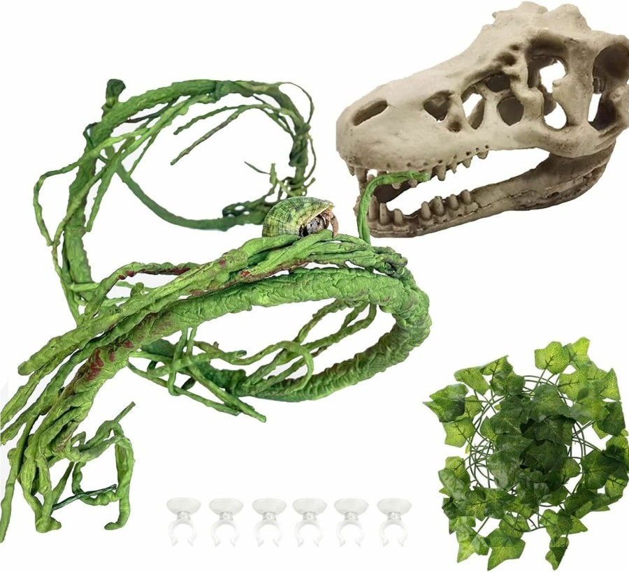 Reptiles & Amphibian Hamiledyi | Hamiledyi Bearded Dragon Tank Accessories Reptile Dinosaur Skull Hideout Decor Reptile Climber Jungle Vines Artificial Leaves For Iguana Lizard Chameleon Snake Frog Gecko Frogs(3 Pcs)