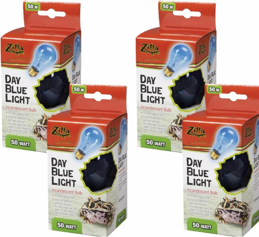 Reptiles & Amphibian Zilla | Zilla 4 Pack Of Day Blue Incandescent Bulbs, 50 Watts, Reptile Heat Lamp Bulbs