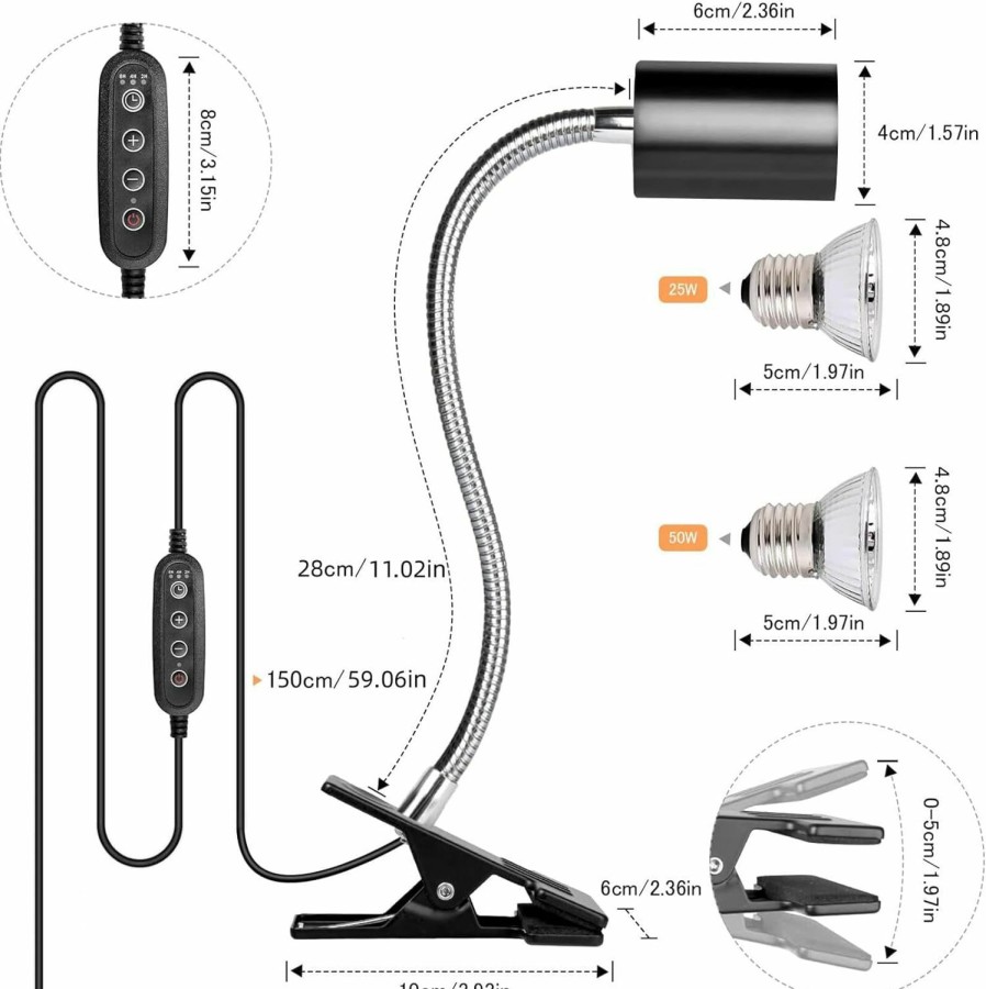Reptiles & Amphibian Yuehuam | Yuehuam Reptile Heat Lamp, Double Head Heat Lamp With Clips, Turtle Tank Light Tortoise Heat Lamp, Uva Uvb Reptile Light With Cycle Timer For Turtle, Bearded Dragon, Lizard And More, 2 Bulbs 50+50W