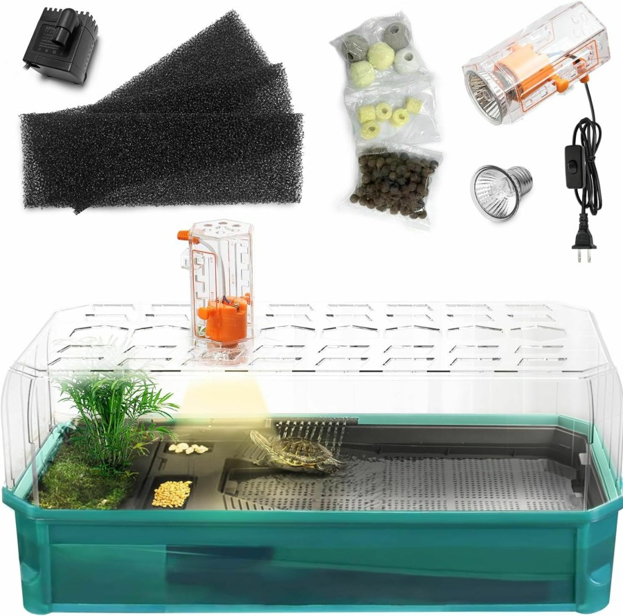 Reptiles & Amphibian Clioran | Clioran Turtle Tank Aquarium Kit, Turtle Habitat Starter Terrarium, Lid Aquatic Tortoise Enclosure, Bottom Filter, Multi Function Areas, Drainage, Basking Platform Lamp For Pet Turtles Crabs Reptiles