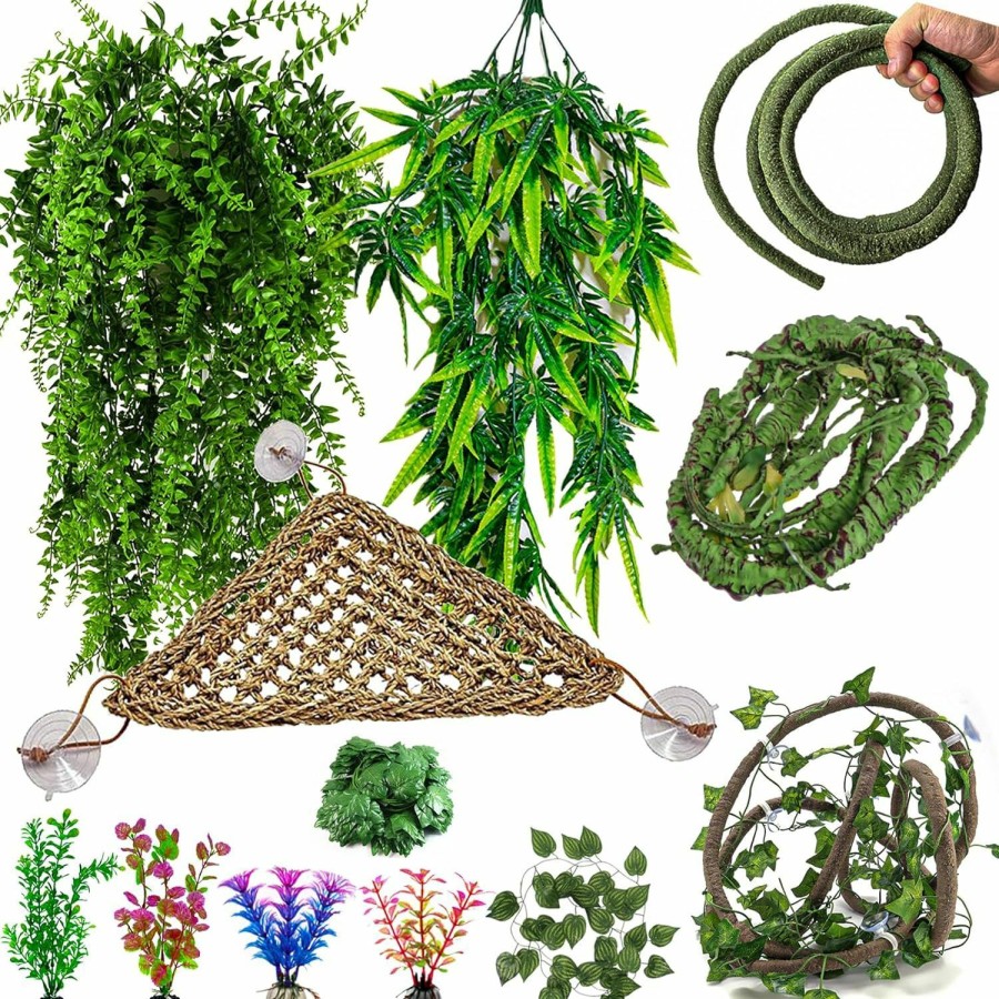 Reptiles & Amphibian Mechpia | Mechpia 12 Pieces Bearded Dragon Tank Accessories, Reptile Hammock Plants And Vines Terrarium Branch Plants Habitat Decoration For Lizard Gecko Snake Hermit Crab