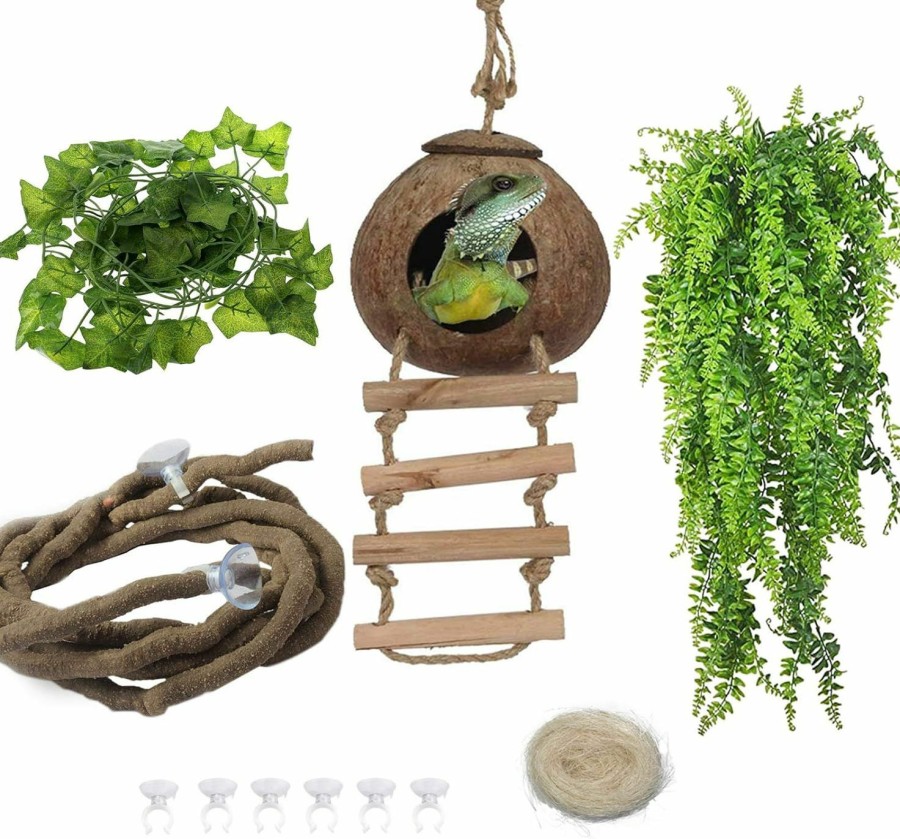 Reptiles & Amphibian kathson | Kathson Lizard Coco Den With Ladder, Bearded Dragon Tank Accessories Gecko Coconut Husk Hut With Jungle Climber Vines With Suction Cups Habitat Decor