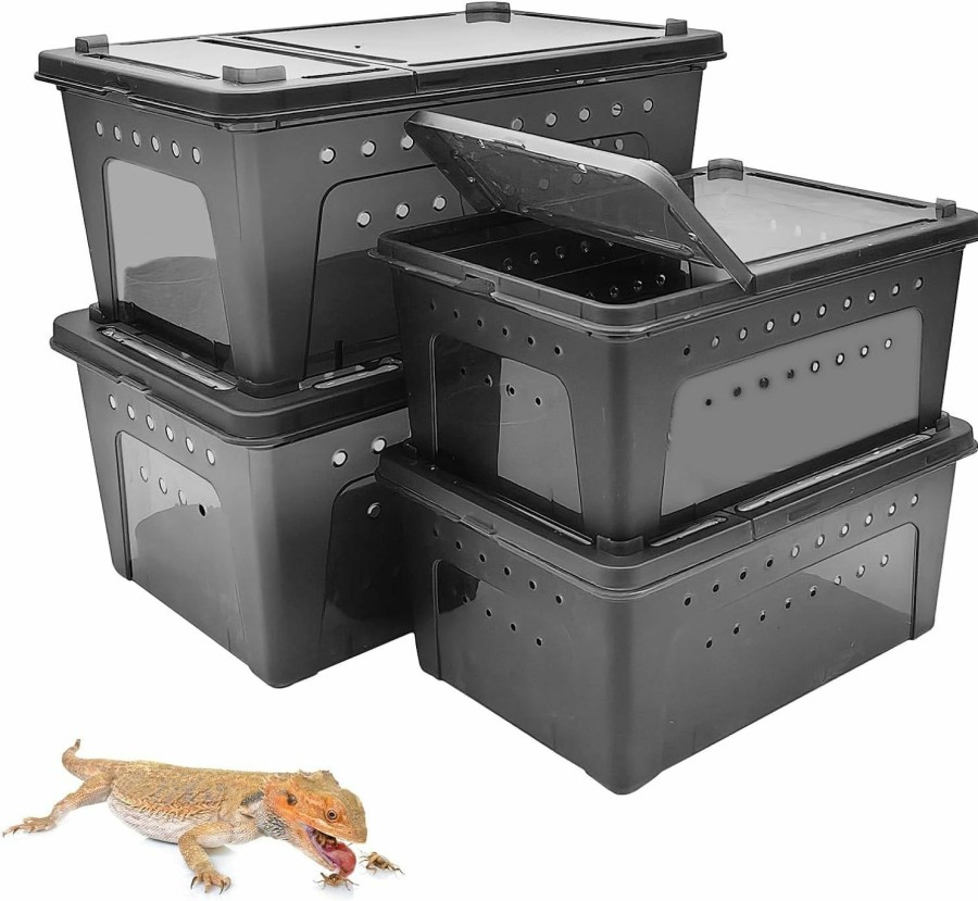 Reptiles & Amphibian Hamiledyi | Hamiledyi 4 Pcs Reptile Breeding Box Plastic Feeding Box Transparent Transport Container Portable Snake Enclosure Scorpion Lizard Gecko Insect Tarantula Frog Tortoise Spider Habitat Cage (Black)