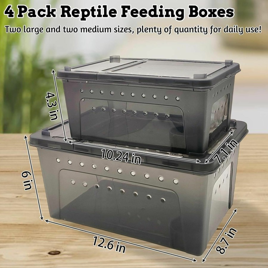 Reptiles & Amphibian Hamiledyi | Hamiledyi 4 Pcs Reptile Breeding Box Plastic Feeding Box Transparent Transport Container Portable Snake Enclosure Scorpion Lizard Gecko Insect Tarantula Frog Tortoise Spider Habitat Cage (Black)